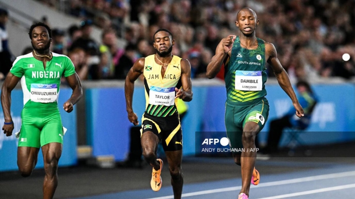 From left: Nigeria&rsquo;s Udodi Chudi Onwuzurike (second place), Jamaica&rsquo;s Christopher Taylor (third), and South Africa&rsquo;s Sinesipho Dambile (first) compete in the men's 200m final at the athletics event in Scotstoun Stadium during the Commonwealth Games in Glasgow, Scotland, on July 31, 2026. (Photo by Andy Buchanan / AFP)